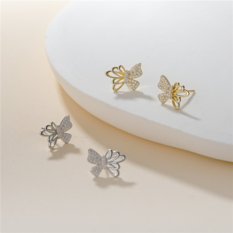 925 Silver Stud Earrings Butterfly Design Electroplating 14K - Jewelry & Watches