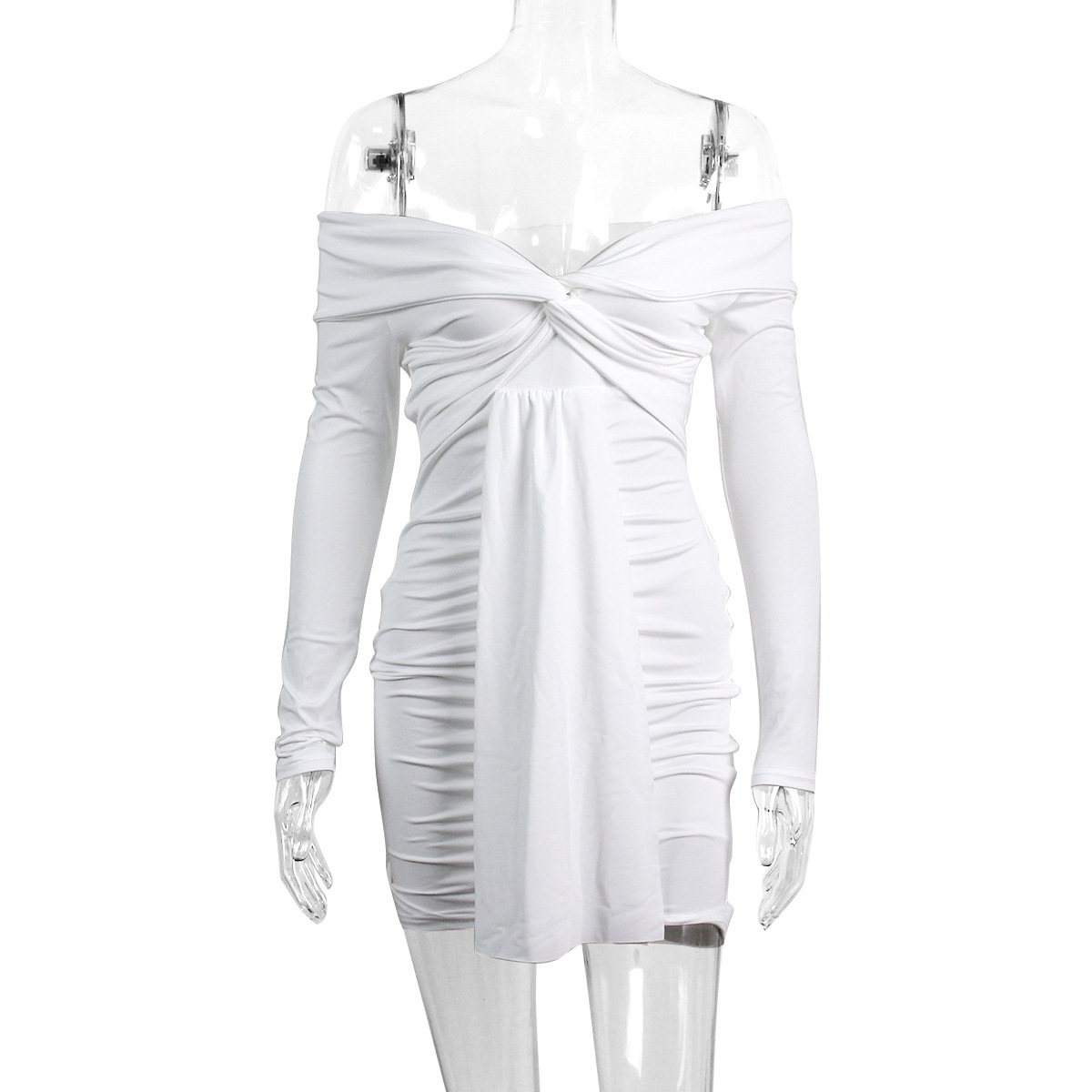 Womens Sexy V-Neck Off-Shoulder Long-Sleeve Pleated Ruffle Dress