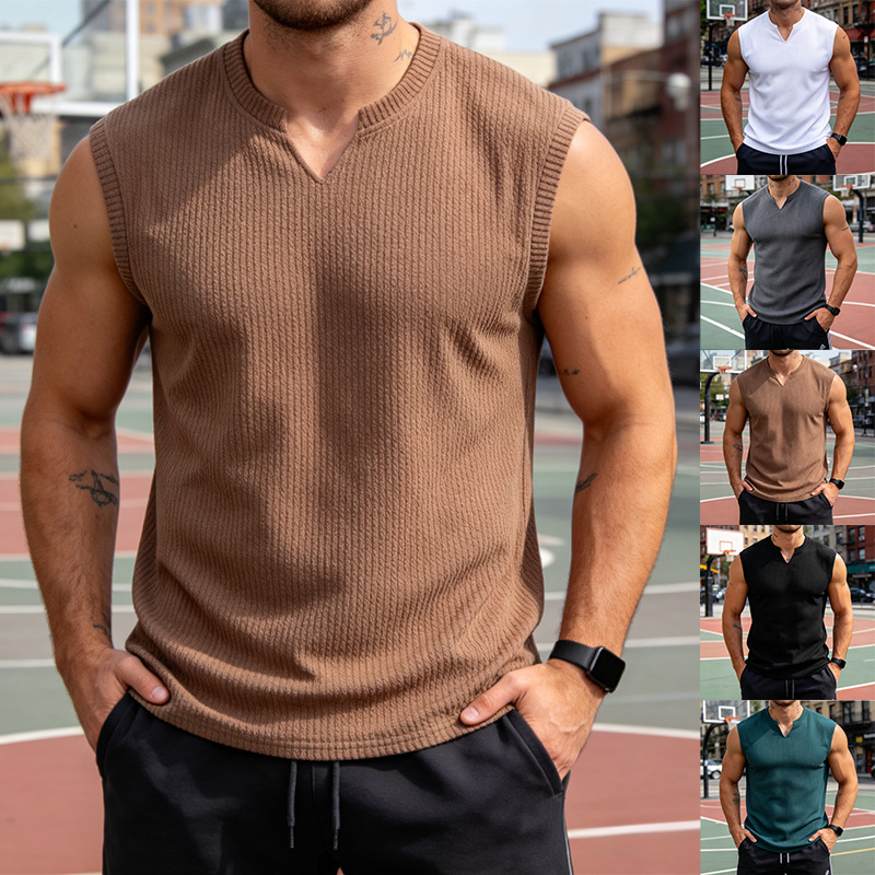 Mens Knitted Vertical-Stripe Sports Top Sleeveless Vest