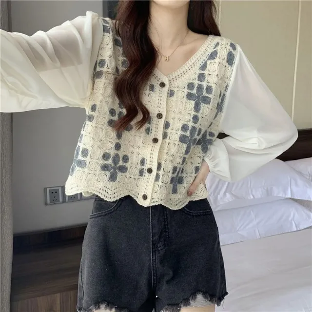 Hollow Lace Shirt Spring Fashion Long Sleeve Stitching Gray - Shop at LoveMi
