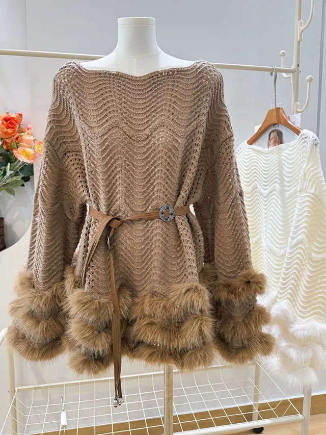 French Chic Knitted Dress With A Belting Waist For A Defined Silhouette Brown - Shop at LoveMi