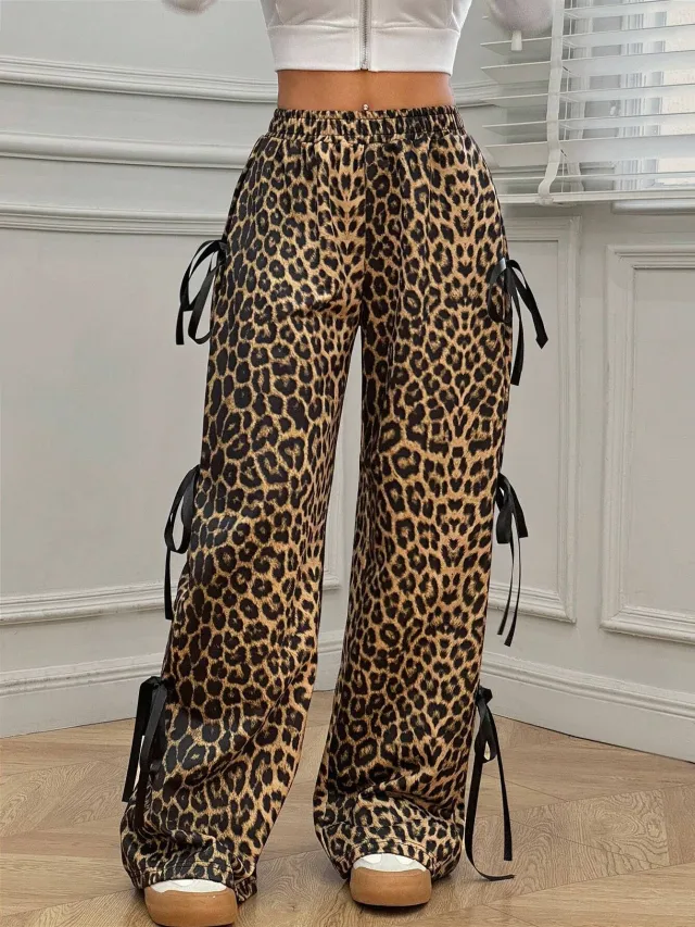 Elastic Waist Solid Color Bow Lace Up Casual Straight leg Pants Leopard Print - Shop at LoveMi