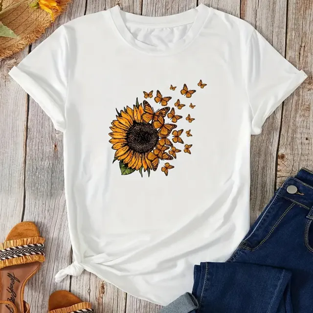 Women's Sunflower Butterfly Print Pullover Round Neck Short Sleeve White - Shop at LoveMi