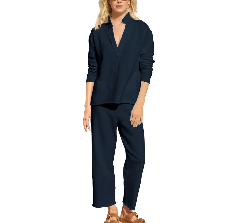 Fashion Women's Long-sleeved Pullover Wide Leg Pants Suit - Dark Blue