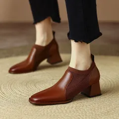 Women's Spring And Autumn Square Toe Knitted Chunky Heel High Heels - Maroon - View 1