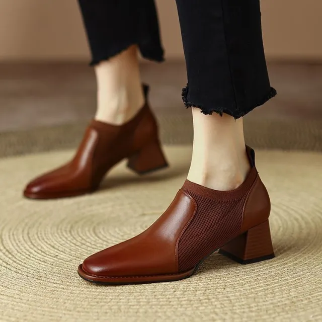 Women's Spring And Autumn Square Toe Knitted Chunky Heel High Heels Maroon - Shop at LoveMi
