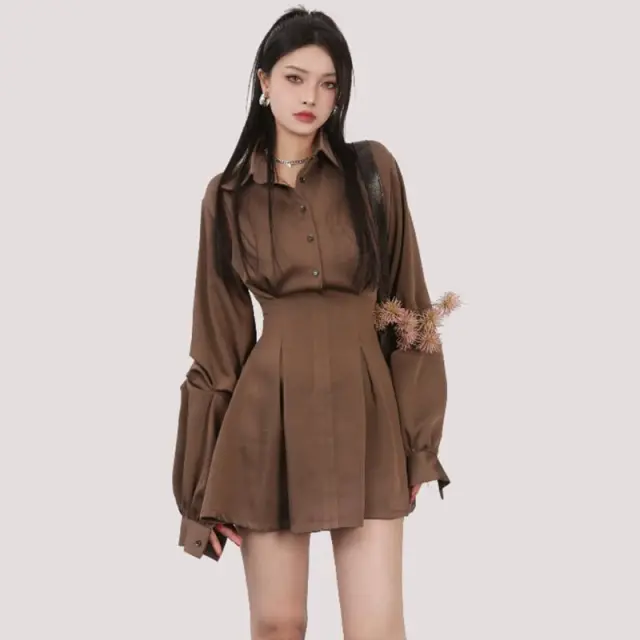 French style Black Long sleeved Waist cinching Figure flattering Dress Brown - Shop at LoveMi