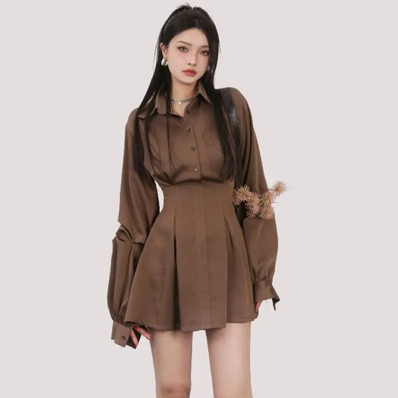 French-style Black Long-sleeved Waist-cinching Figure-flattering Dress - Brown