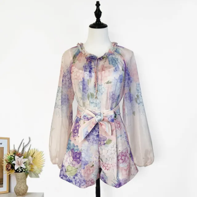 Spring And Summer Star Purple Floral Long Sleeve V neck Shirt Shorts Suit Women Purple - Shop at LoveMi