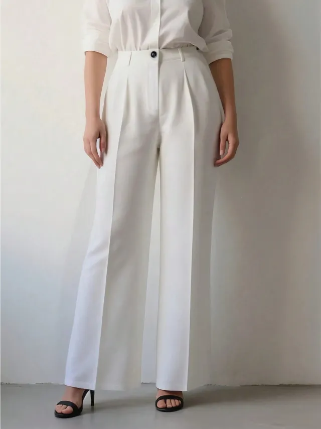 White High waisted Loose Straight leg Casual Pants White - Shop at LoveMi