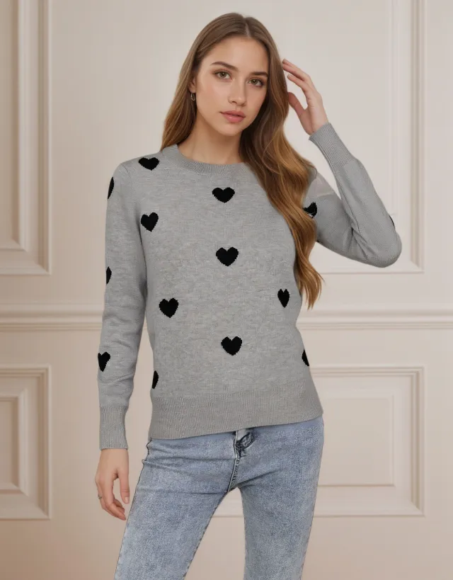 Women's Heart Jacquard Round Neck Pullover Sweater Gray - Shop at LoveMi