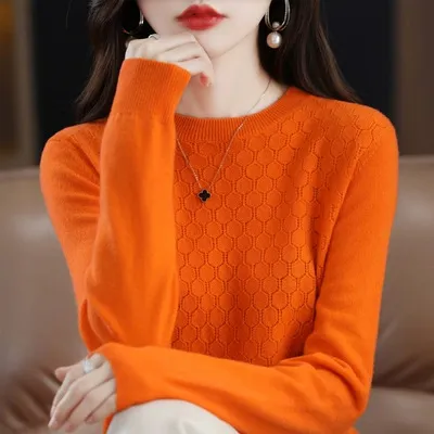 Pure Wool Sweater Women's Round Neck Pullover Loose Orange - Shop at LoveMi