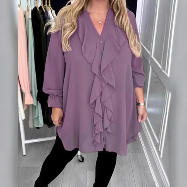 Women's Solid Color Loose Lotus Leaf V neck Long Sleeve Shirt Purple - Shop at LoveMi