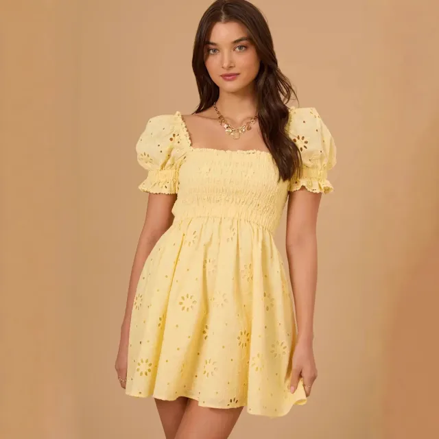 Vacation style Sweet Embroidered Square neck Dress Yellow - Shop at LoveMi