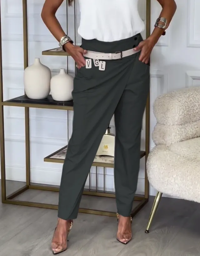 Autumn Leisure Solid Color Irregular All match Slim fit Pants Women Dark Gray - Shop at LoveMi