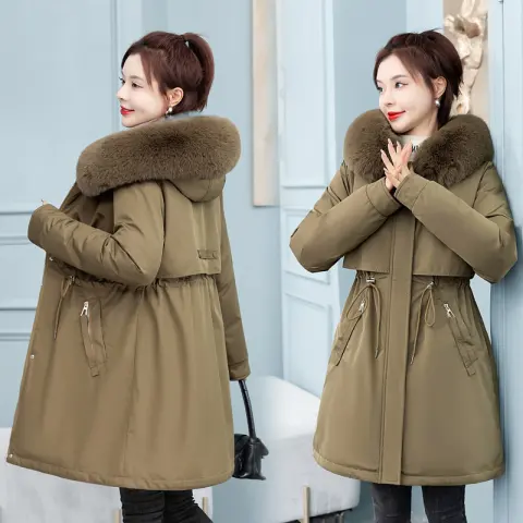 Women's Mid-length Loose Cotton Coat Fleece-lined Thickened Cinched