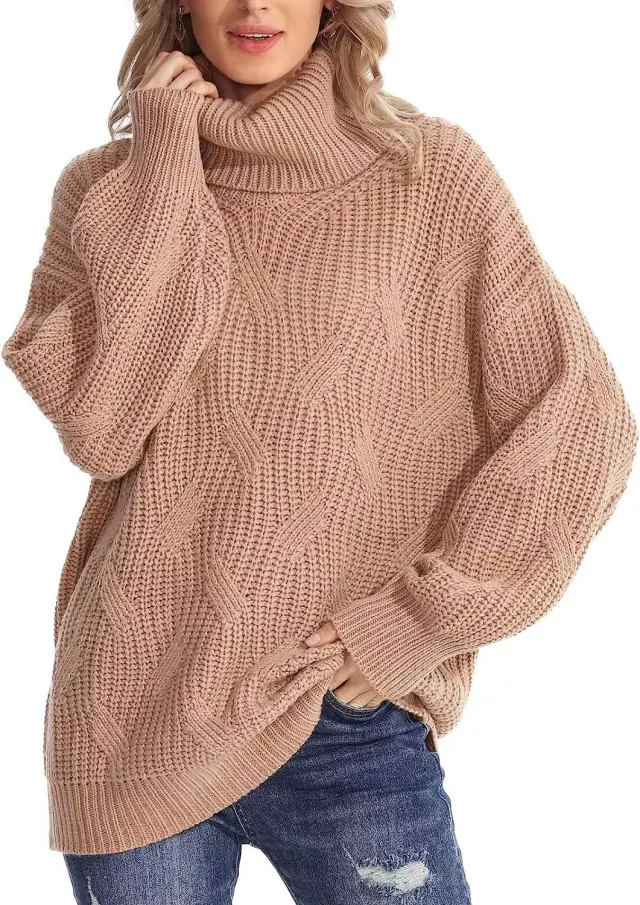 Women's Fashion Loose High Collar Twisted Knitted Sweater Pullover Long Sleeve Khaki - Shop at LoveMi