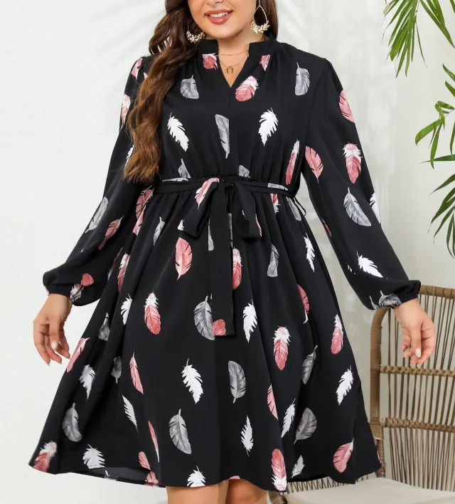 Printed Long Sleeve Waist tight European And American Plus Size Dress Black - Shop at LoveMi
