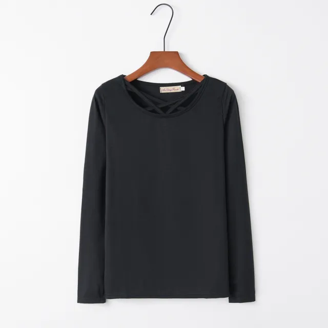 Best selling New Type Long Sleeve T shirt Women Solid Color Cross Collar Solid Color Fall Women's Clothing Black - Shop at LoveMi