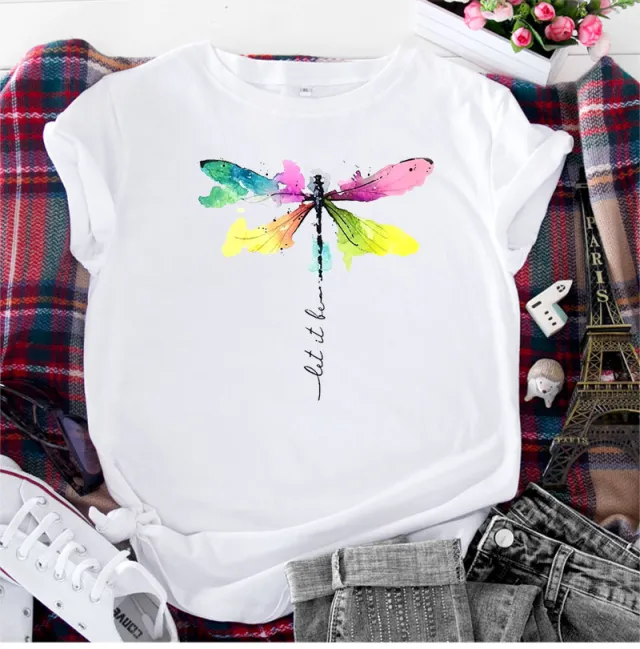 Women's Fashion Casual Dragonfly Printed Round Neck Short Sleeve T shirt Top White - Shop at LoveMi