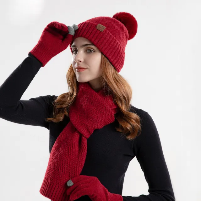 Knitted Woolen Cap Women's Warm Hat Scarf Gloves Three piece Set Red - Shop at LoveMi