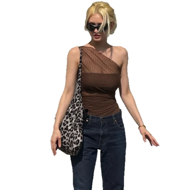 Womens Slanted Shoulder Pleated Mesh Halter Neck T Shirt Coffee - Shop at LoveMi