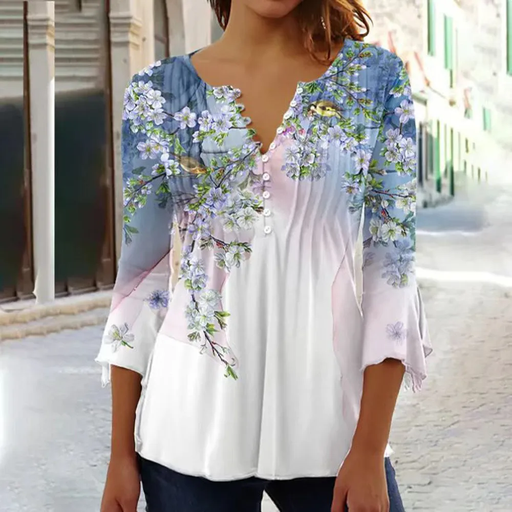Women's 3d Digital Printing Button T-shirt Top - Bdwyhs0Yh30-5Xl