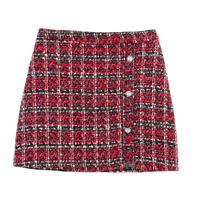 Women's Versatile Pearl Button Coarse Floral Plaid Half Skirt