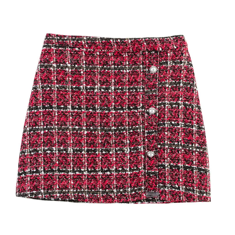 Women's Versatile Pearl Button Coarse Floral Plaid Half Skirt - Floral