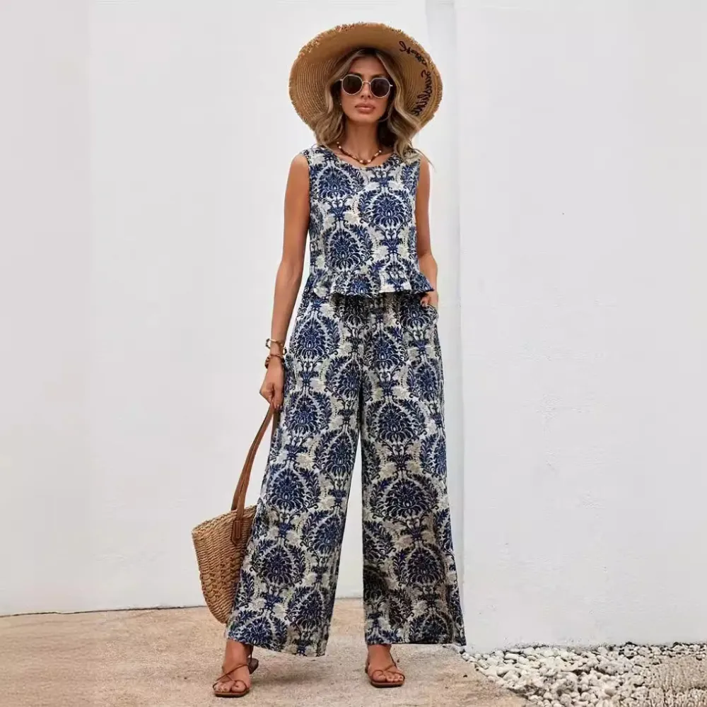 Printed Elegant Two-piece Crew Neck Vest And Wide Leg Pants Suit