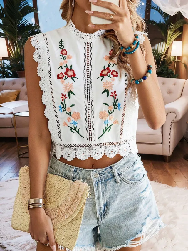 Women's Lace Embroidered Round neck Sleeveless Hollow out T shirt White - Shop at LoveMi