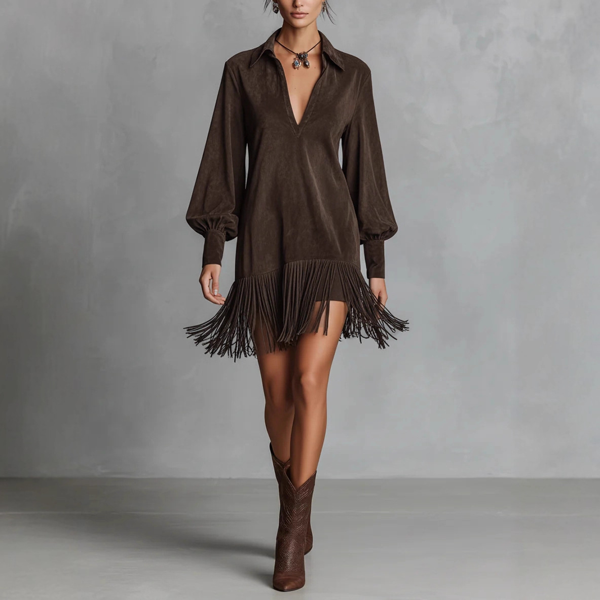 Denim Faux Suede Flared Hem Fringed Slim fit Long sleeve V neck Dress Coffee - Shop at LoveMi
