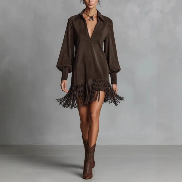 Denim Faux Suede Flared Hem Fringed Slim fit Long sleeve V neck Dress Coffee - Shop at LoveMi