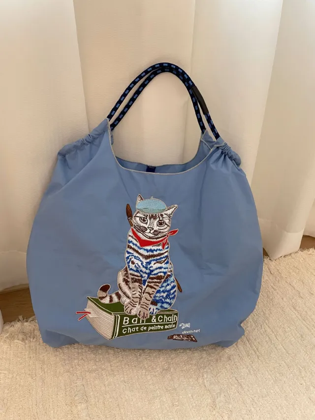 Japanese Painter Cat Embroidery Shopping Bag Blue - Shop at LoveMi