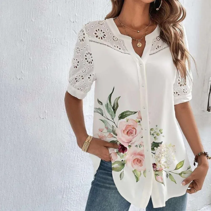 Fashion Breasted Lapel Short-sleeved Shirt Women's Top - Pink Large Flower