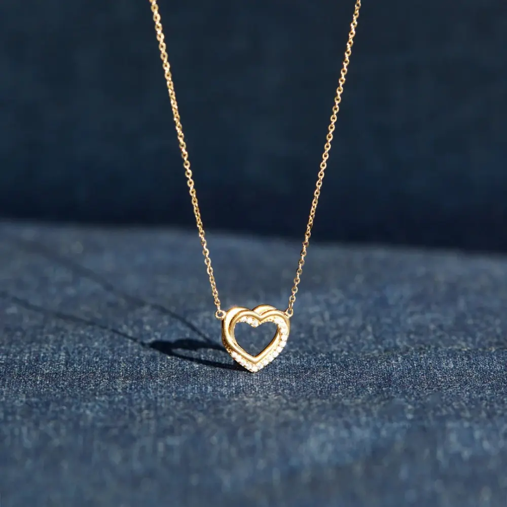 S925 Sterling Silver Overlapping Double Hollow Heart Necklace