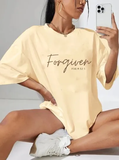 Versatile Simple Letter Print Loose Women's Cotton T shirt Khaki - Shop at LoveMi