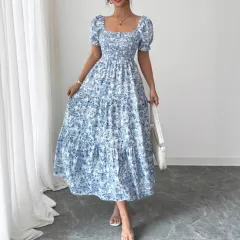 Elegant Idle Style Printed Square Collar Loose Long Puff Sleeve Dress - Blue - View 1