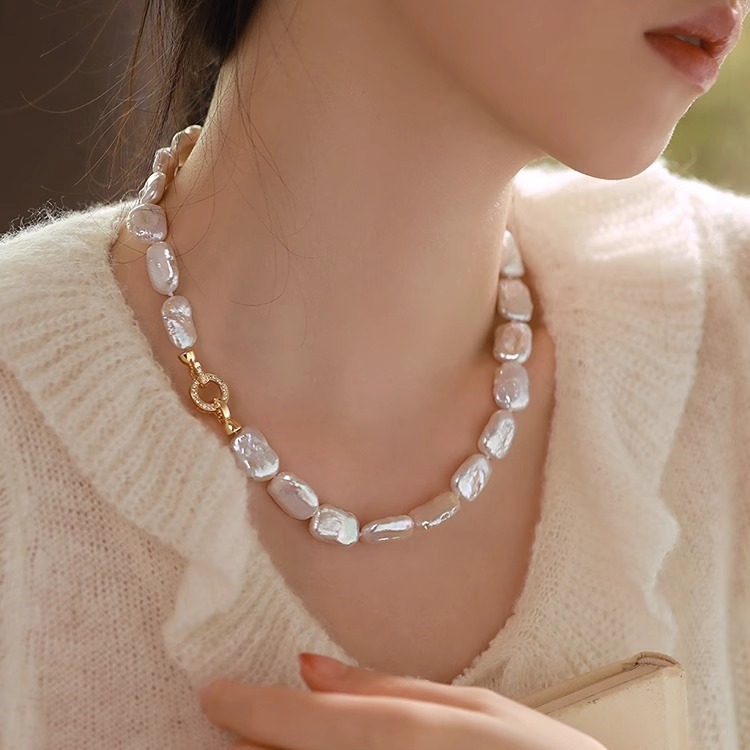 Micro Inlaid Zircon Ring Buckle Shaped Freshwater Pearl Necklace Collarbone Necklace Bracelet