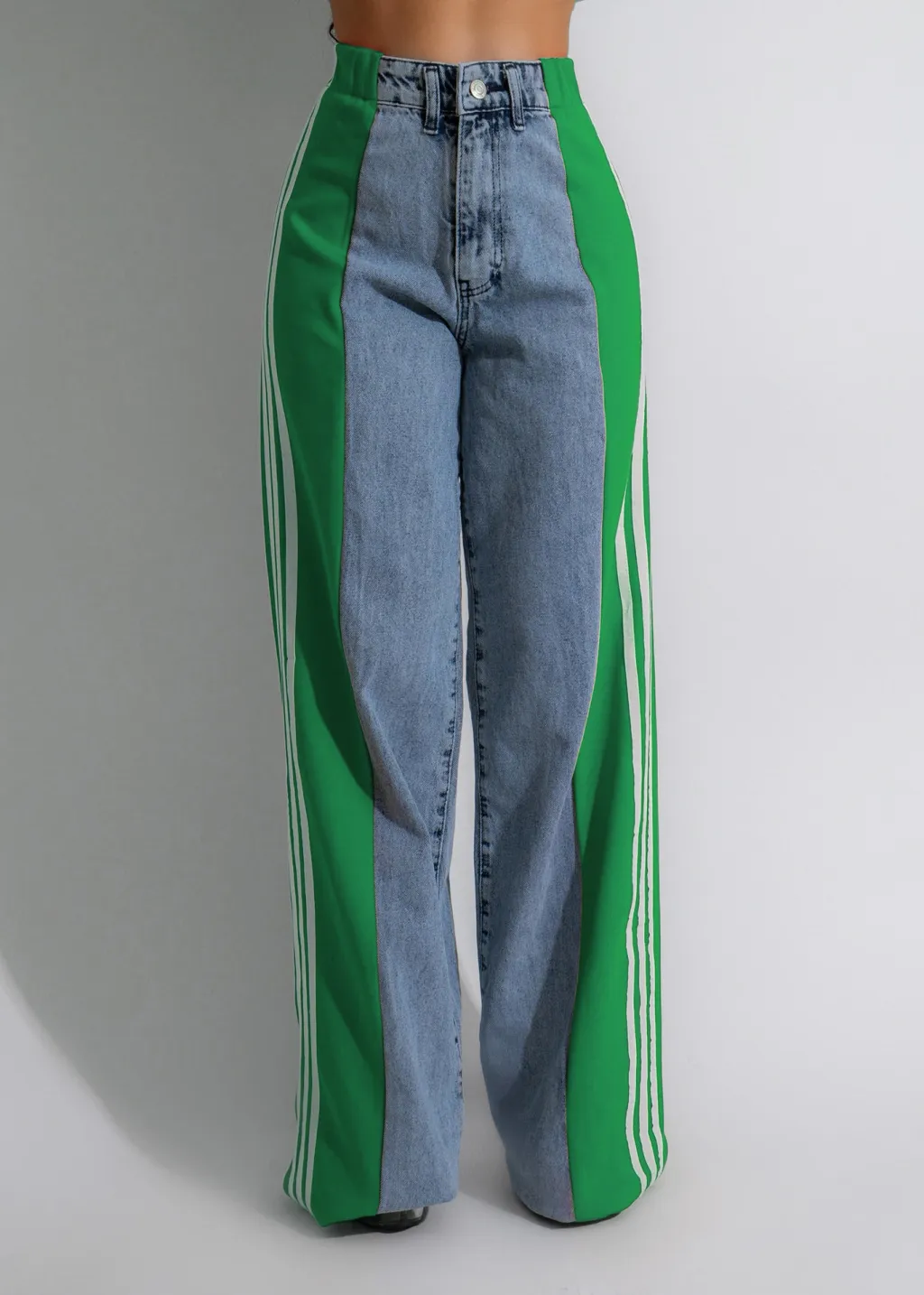 Summer Fashion Stitching Three Striped Wide Leg Denim Trousers For Women - Blue Denim Green G0668