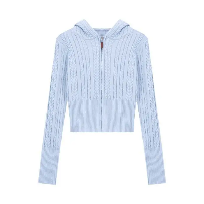 Soft Textured Knitted Hoodie With A Lazy Korean-style Zip-up Design