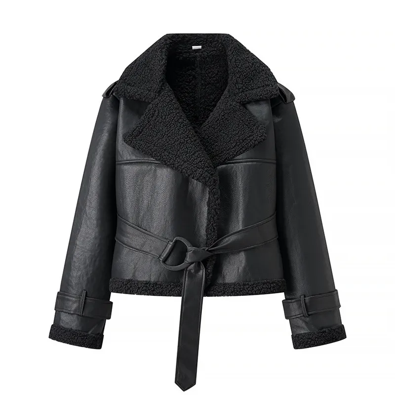 Autumn And Winter Short Flared Fur-Lined Coat With Collar - Black