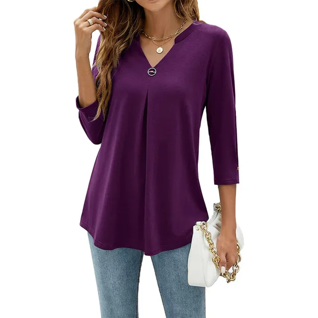 Casual And Comfortable Solid Color And V neck Clinch Loose Three quarter length sleeved T shirt Top For Women Purple - Shop at LoveMi