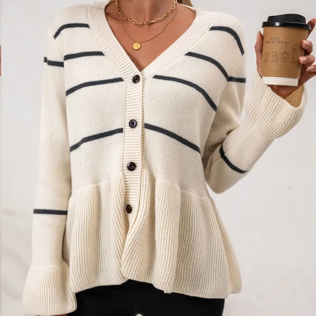 V neck Stripes Lazy And Loose Knitted Long Sleeve Sweater Apricot - Shop at LoveMi