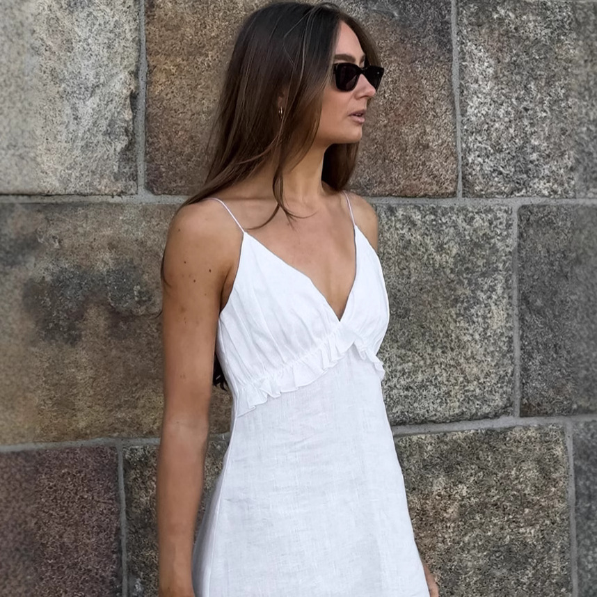 Sexy White Cotton Linen V-neck Flounce Loose Sling Dress