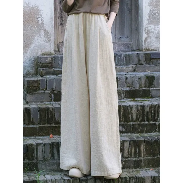 Women's Casual Retro Cotton And Linen Wide leg Trousers Beige - Shop at LoveMi