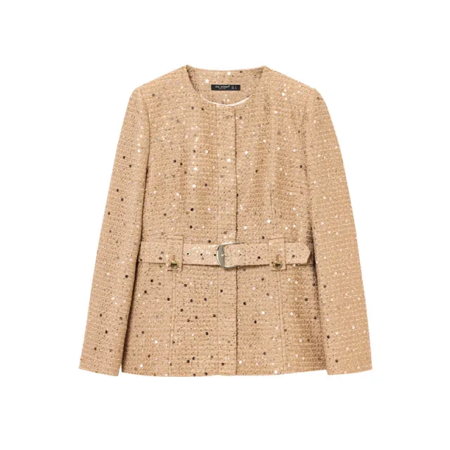 Fashion With Belt Beads Decoration Round Neck Blazer Ginger Yellow - Shop at LoveMi