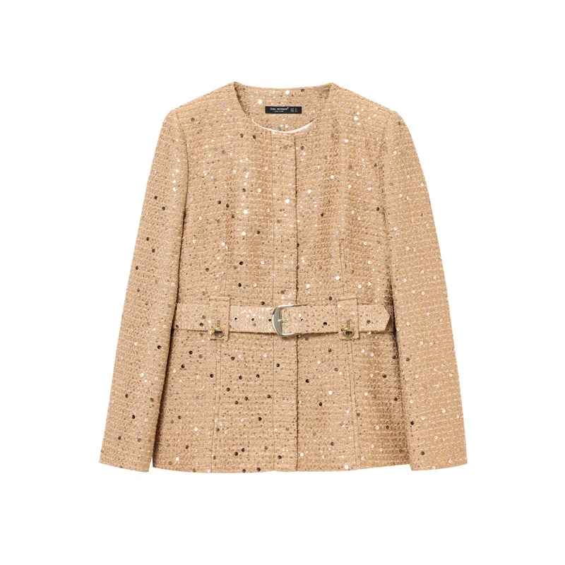 Fashion With Belt Beads Decoration Round Neck Blazer - Ginger Yellow