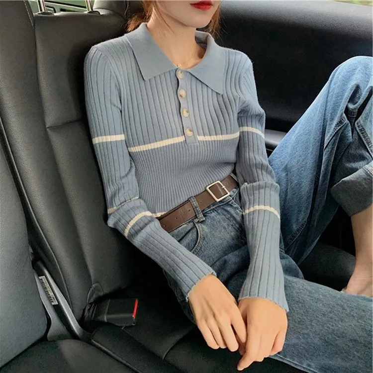 Autumn And Winter Sweater Inner Wear Blouse - Blue
