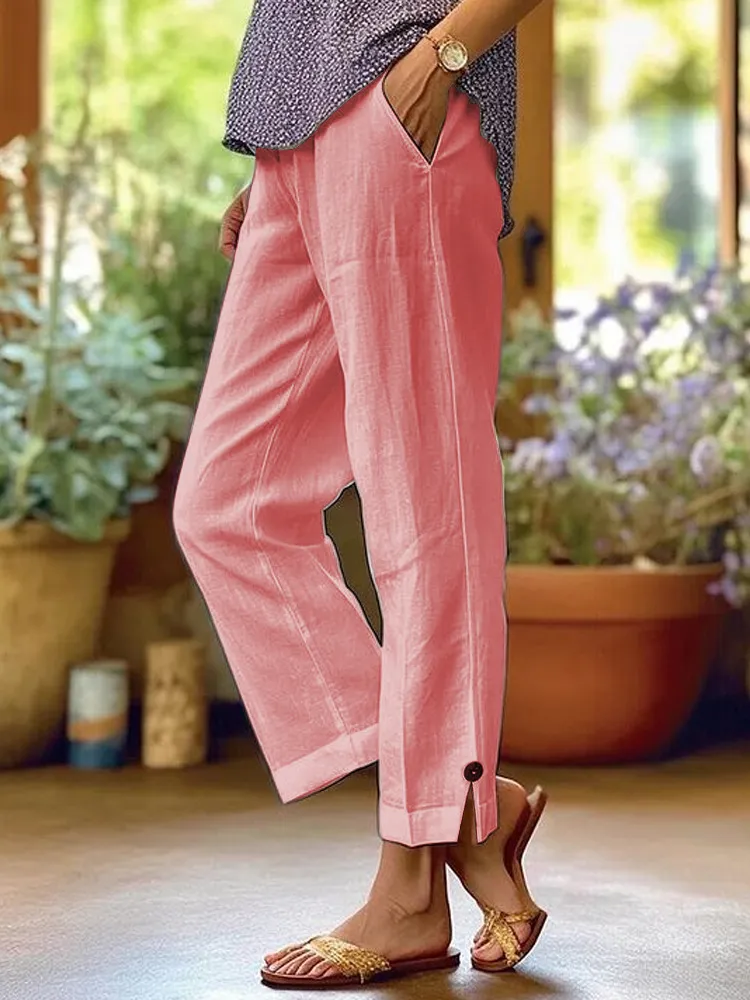 Cotton And Linen Loose Pure Color Elastic Waist Pocket Straight Casual Pants - Pink